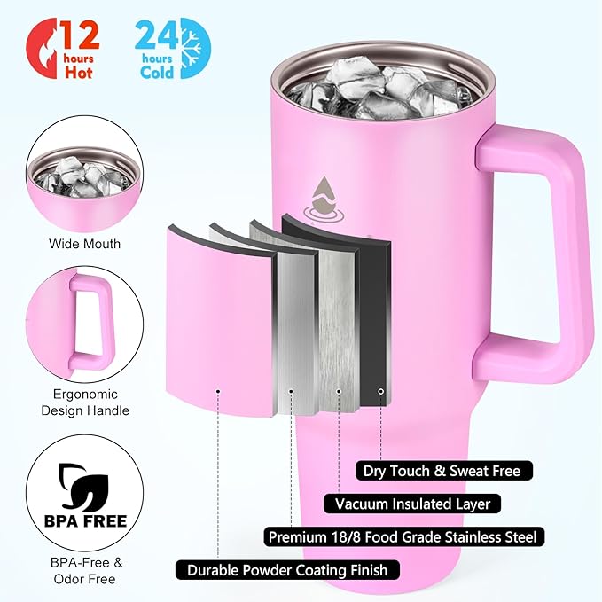 40 oz Tumbler with Handle and Straw or Convert to 40 oz Insulated Water Bottle Fits in Cup Holder. Stainless Steel Metal Water Flask with 2 Lids for Travel,Camping,Gym Sports Coffee Mug Thermal Cup