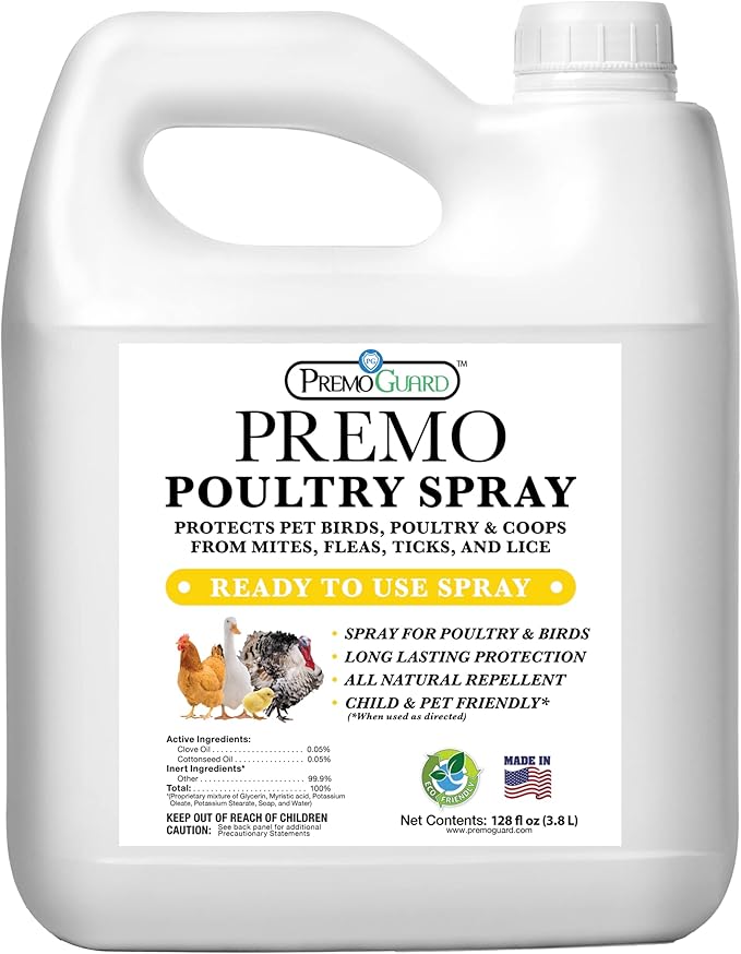 Premo Guard Poultry Spray - 128 oz - Kill Scaly Leg, Mites, Fleas, Lice, & Other Pest on Chickens and in Coops - Natural Plant Based Oils for Control, & Prevention - Family Safe with No Egg Withdrawl