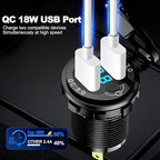 12V Flush Mount Car Charger, Aluminum Metal Body with LED Voltmeter and Switch, Dual QC3.0 USB Port for Marine, RV, Motorcycle & Panel Mounting (Black)