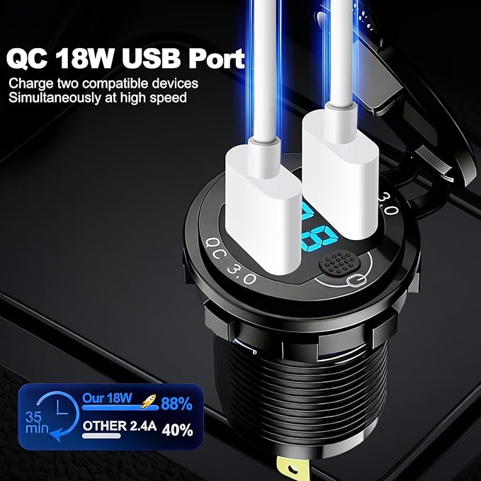 12V Flush Mount Car Charger, Aluminum Metal Body with LED Voltmeter and Switch, Dual QC3.0 USB Port for Marine, RV, Motorcycle & Panel Mounting (Blue)