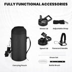 Insulated Water Bottle 32 oz, Triple Wall Vacuum Stainless Steel (Cold for 48 Hrs), Leak Proof & Non-BPA, Modern Water Flask Jug with Paracord Handle & Straw Spout Lids, Magic Black