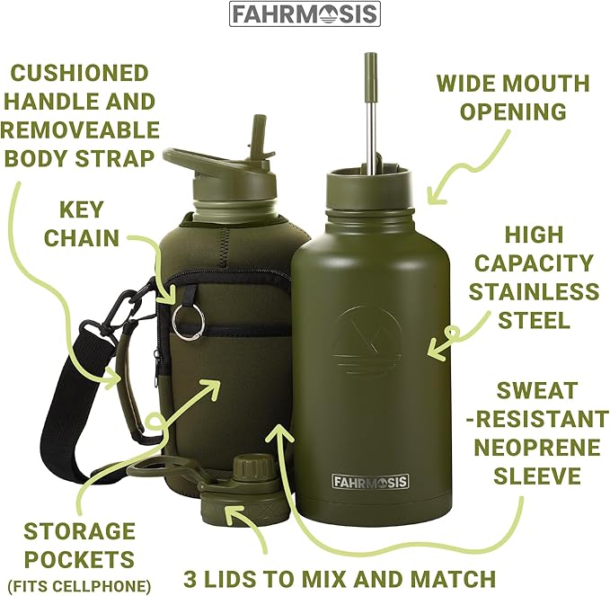64 Oz Insulated Water Bottle with Strap Stainless Steel Sports Water Bottle with 3 Lids (Straw, Chug and Flip Lid) Leak Proof Metal Half Gallon Jug for Men & Women - Army Green