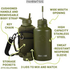 64 Oz Insulated Water Bottle with Strap Stainless Steel Sports Water Bottle with 3 Lids (Straw, Chug and Flip Lid) Leak Proof Metal Half Gallon Jug for Men & Women - Army Green
