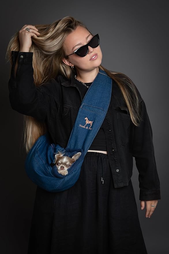 Noah & Paw Dog Sling Carrier for Small Dogs 3-10lb, Dog Sling for Small Dogs and Cats, Dog Carrier with Adjustable Padded Strap, Vegan Denim Lined with Fur, 3X Safety Features, Machine Washable