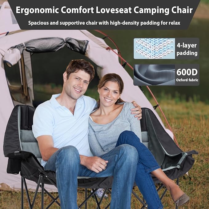 Oversized Camping Chair, Double Folding Loveseat Camping Couch with Pocket, Cup Holder and Carry Bag, Heavy Duty Portable Camping Chairs for Adults, Fishing, Sports, Trip, up to 660lbs, Black