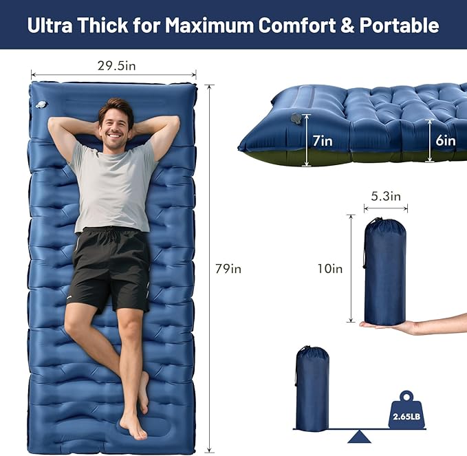 KASBAH Camping Sleeping Pad,6 inch Thick Inflatable Camping Mattress with Built-in Foot Pump and Pillow,Ultralight Sleeping Mat Backpacking Gear for Outdoor Hiking,Camping, Traveling and Tent