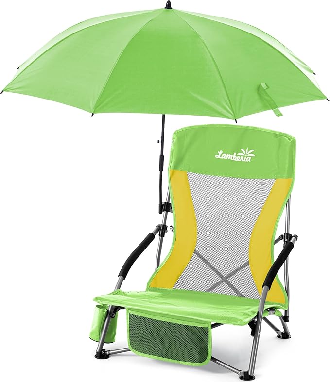 Lamberia Folding Beach Chair with Umbrella for Adults, Portable Low Beach Chairs with 300lbs Capacity, Lightweight Fodable Camping Chair for Travel, Picnic, Concert & Outdoor Activities,Green-Yellow