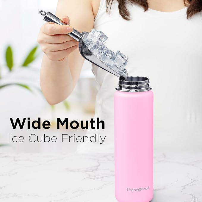 ThermoProof Double-Walled Vacuum Insulated Stainless Steel Water Bottle - Wide Mouth with Chug & Spout Lids, Dishwasher Safe, Reusable, Leakproof, Hot & Cold for Men, Women & Kids - 22oz, Pink