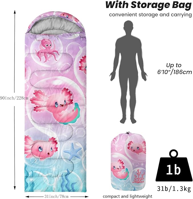 Sleeping Bags for Adults Youth Kids,3D Printing Camping Sleeping Bag for Girls Boys Lightweight Waterproof Cold/Warm Weather Sleeping Bag for 3 Seasons