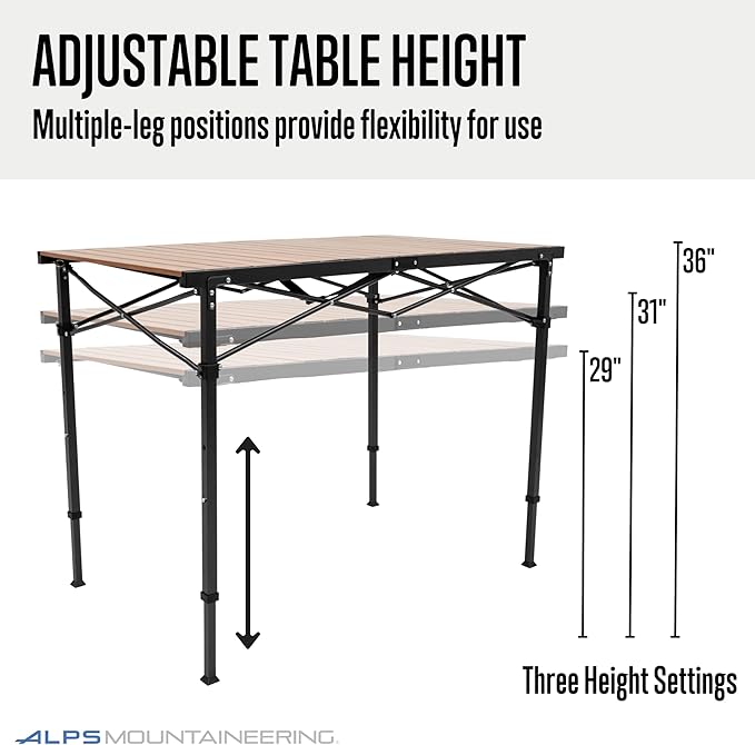 ALPS Mountaineering Overlanding Table, Aluminum Roll-Top with Wood-Look, Adjustable Height