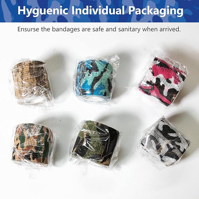 RISEN Cohesive Bandage 2” x 5 Yards, 6 Rolls, Self Adherent Wrap Medical Tape, Adhesive Flexible Breathable First Aid Gauze Ideal for Stretch Athletic (Multicolor Camouflage)