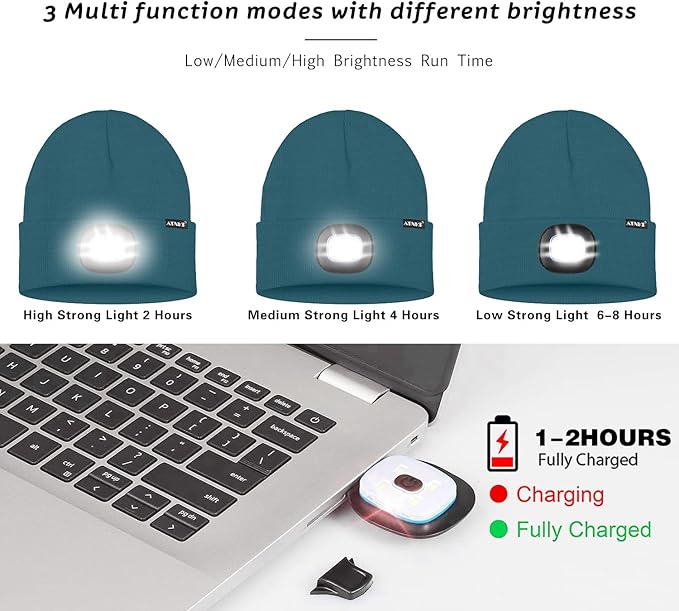 ATNKE LED Lighted Beanie Hat,USB Rechargeable 4 LED Running Headlamp Bright Cap with The Light Gifts for Men and Women