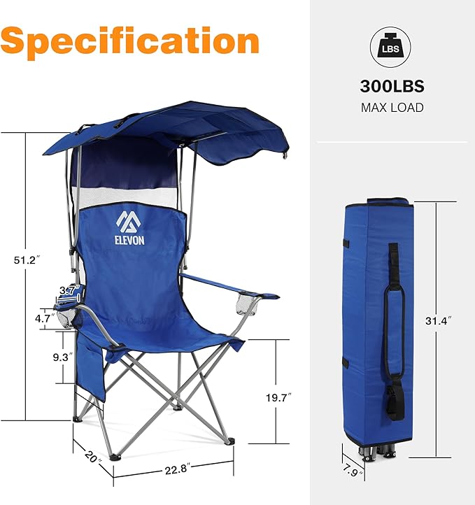 Camping Chair, Oversized Folding Chair with Canopy, Portable Outdoor Chair with Arms, Cup Holder and Carry Bag for Camping, Fishing, Beach, and Sports, Sky Blue