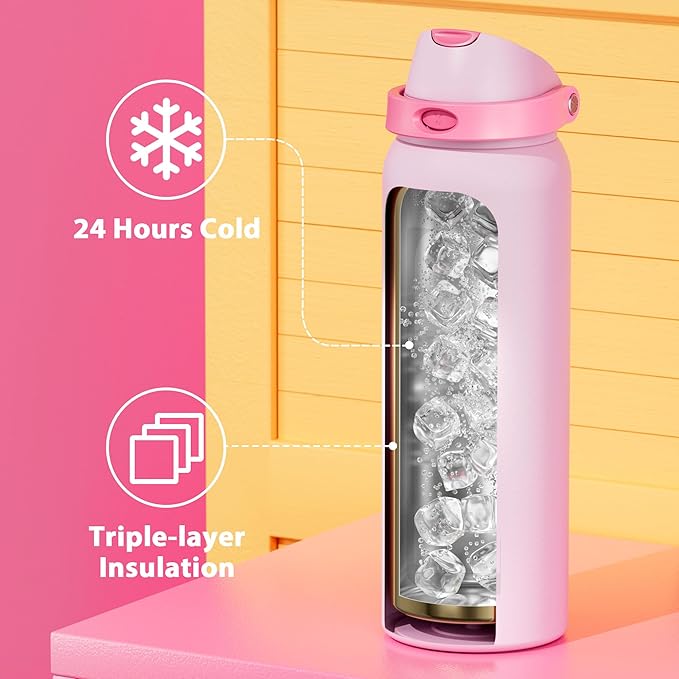 40 oz Insulated Water Bottle for Sports: Meoky Stainless Steel Water Bottle with 2-in-1 Straw and Spout Lid - Leak Proof, Cold for 24 Hours, Protective Silicone Base, BPA-Free for Women Gym, Blush