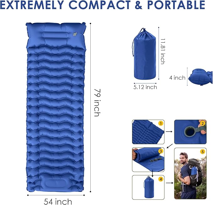 Self Inflating Sleeping Pad for Camping, Portable 4" Extra-Thick Camping Cots for Adults with Pillows & Built-in Foot Pump, Ultralight Camping Mattress for Tent Hiking Essentials Gear (Blue, Single)