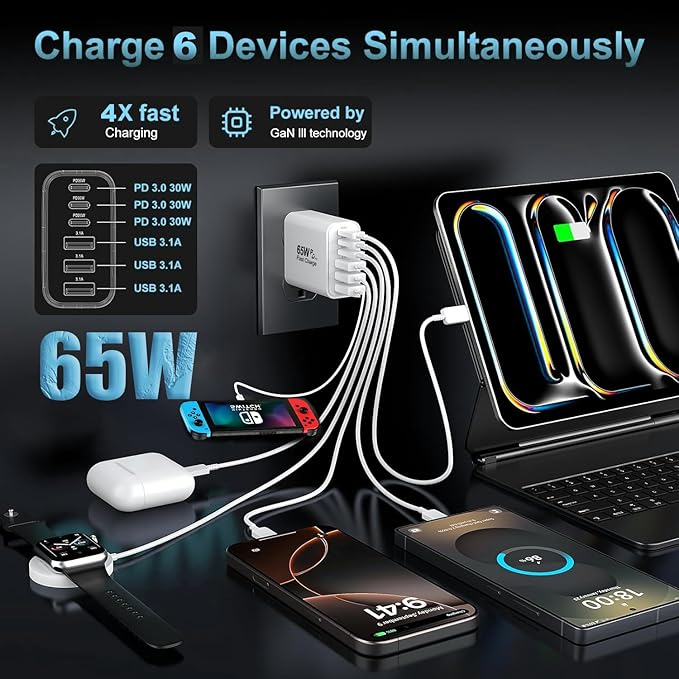 USB C Charger Block, 2-Pack 65W 6-Port USB C Wall Charger iPhone Charger Fast Charging PD Power Adapter+QC Wall Plug Multiport Type C Brick Chargers for iPhone 17 16 15 14 13 12 11 Pro Max XS,Samsung