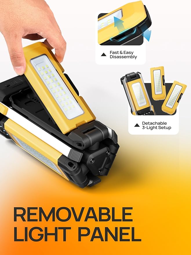 10000mAh Rechargeable Camping Light with Stand 5.6 ft Max Height, Individual Lamp Bracket, with 2 Detachable Lamp Panels, Cordless Led Work Light, Camping Garage Workshop Car Repair