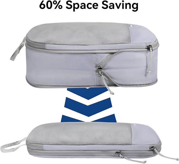 Voova 6 Set Compression Packing Cubes, Travel Accessories Expandable Packing Organizer Bags Set for Carry on Suitcase, Durable Luggage Packing Cubes for Travel Essentials,Grey