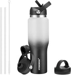 40 oz Insulated Water Bottle with Straw fit in Car Cup Holder(Cold 48 hrs, Hot 24 hrs) Drinking Bottle with Straw Lid, Spout Lid and Flex Cap Leakproof Travel Thermo Mug，White - Black