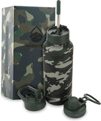 32 Oz Water Bottle with Straw Stainless Steel Sports Water Bottle with 3 Lids (Straw, Chug & Flip Lid) 1 Liter Leak Proof Insulated Metal Jug for Men & Women - Camo