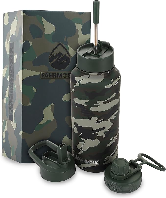 32 Oz Water Bottle with Straw Stainless Steel Sports Water Bottle with 3 Lids (Straw, Chug & Flip Lid) 1 Liter Leak Proof Insulated Metal Jug for Men & Women - Camo