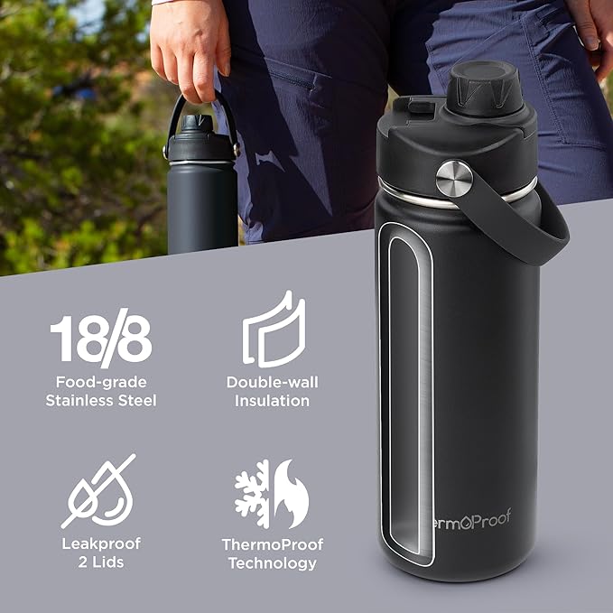 ThermoProof Insulated Water Bottle – Stainless Steel, Wide Mouth, Flip & Spout Lids, Leakproof, Dishwasher Safe, Reusable – Keeps Drinks Hot or Cold – for Adults & Kids – 18oz, Black