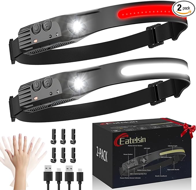 Rechargeable Headlamp with Red Light 2PCS, Motion Sensor 230° Head Lamp, Hard Hat Light for Adults, Headlight for Forehead, LED Headband Flashlight for Work, Running, Camping Essentials Gear