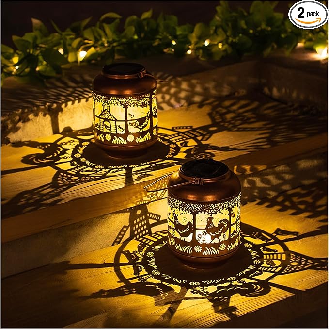 2 Pack Chicken Solar Lanterns Outdoor Waterproof,Hanging Solar Lights Chicken Gifts for Women Men Metal LED Decorative Light for Yard,Patio,Lawn,Tabletop,Pathway,Landscape,Garden Decor