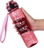 OLDLEY Water Bottle, 32oz Motivational Sports Water Bottle with Time Marker - Times to Drink - Tritan, BPA Free, Wide Mouth Leakproof,Clear Red