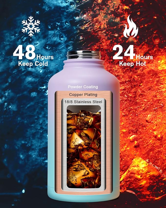 Insulated Water Bottle 64oz,Half Gallon Water Flask Stainless Steel, Cold for 48 Hrs,BPA-Free & Leakproof -with Paracord Handle, Strap,Straw Spout Lids,Large Jug for Gym Sports,Purple Green