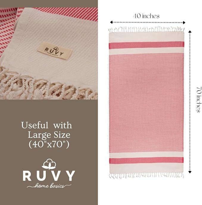 Ruvy Home Basics 2 Pack Turkish Beach Towels – Oversized Quick-Dry Bath Towels (40 x 72 Inches) – 100% Cotton Large Towels for Pool, Yoga, Travel, Camping Essentials, and Bathroom Decor - Coral