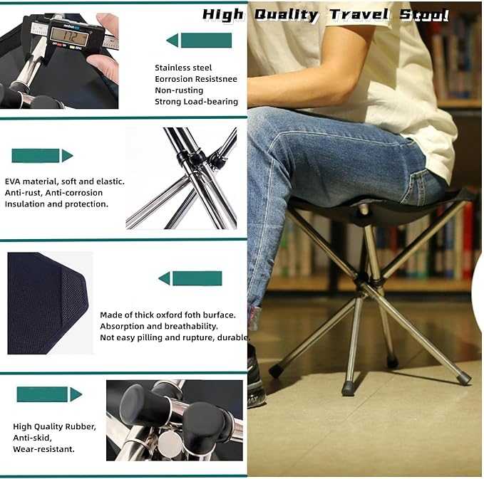 Ultra-Lightweight Stainless Steel Folding Camping Stool - Compact Portable Backpacking Stool with Carry Bag Supports 240 lbs 12.6” Folded Size for Hiking Travel Outdoor Events