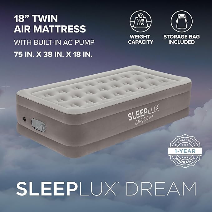 SLEEPLUX Dream Luxury Twin Air Mattress, Built-in Dual Pump, Stays Inflated All Night, 18” Double-High Blow-Up Airbed with Coil Beams, for Guests, RV Camping & Home, 1-Year Warranty