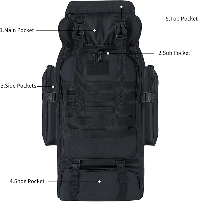 80L Hiking Backpack Camping Travel Daypack Waterproof Adjustable Extra Large Backpack Climbing Trekking Outdoor Sport Bag Molle Rucksack for Men Women (Black)