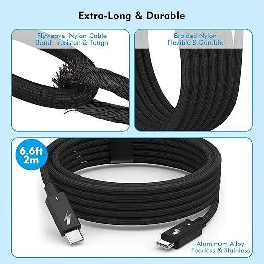 [Intel Certified]Long Thunderbolt 4 Cable,6.6FT USB C Nylon Braided Cable, 240W Fast Charging Supports 8K Displays/40Gbps Data Transfer Compatible with USB 4,Thunderbolt 3/4,Flexible Cord for MacBook