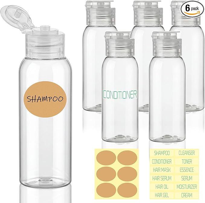 6 Pack 3.4oz Travel Bottles for Toiletries Leak Proof Travel Size Toiletries TSA Approved Squeeze Bottles with Flip Cap Wide Mouth Containers for Shampoo Conditioner Body Wash Lotion(Clear)