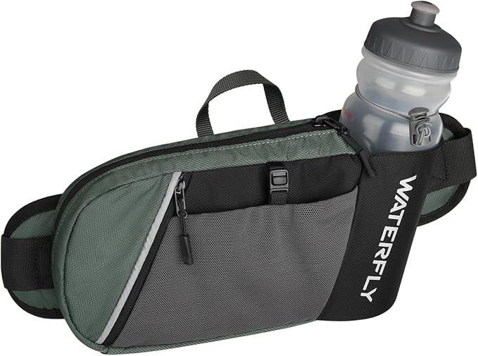 WATERFLY Fanny Pack Waist Bag: Hiking Water Bottle Holder with Strap Waist Pack for Women Men Hydration Hip Packs for Running Walking Traveling-Black & Gray