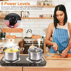 Hot Plate, 2000W Portable Electric Stove for Cooking with 5 Levels Adjustable Temperature & Dual Control, Countertop Double Coil Burner Cast Iron Cooktop for All Cookwares Home Camp RV, Black