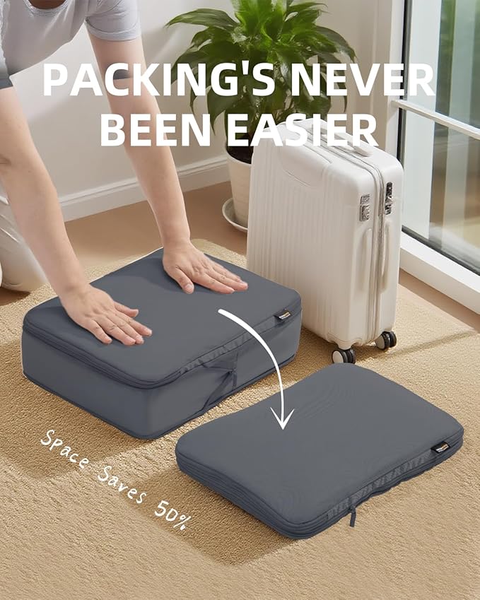 6 Set Compression Packing Cubes for Travel, Large Medium Small Luggage Organizers (Charcoal Gray)