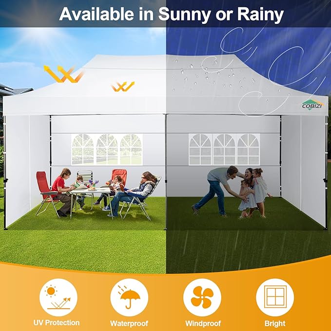 COBIZI 10x20 Pop up Canopy Tent with 6 Sidewalls, Waterproof Heavy Duty Commercial Canopy for Parties, Outdoor Tent, Garden Gazebo, Carry Bag with Wheel (10x20ft, White)