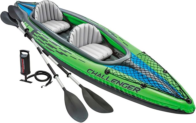 INTEX Challenger Inflatable Kayak Series: Includes Deluxe 86in Kayak Paddles and High-Output Pump – SuperStrong PVC – Adjustable Seat with Backrest – Removable Skeg – Cargo Storage Net
