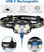 2000LM Ultra Bright 9 LED Headlamp, 2 Pack USB C Rechargeable Headlights, 10 Modes, Motion Sensor, Waterproof Head Lamp Flashlight with Red Light, Adjustable Headband for Adults Camping