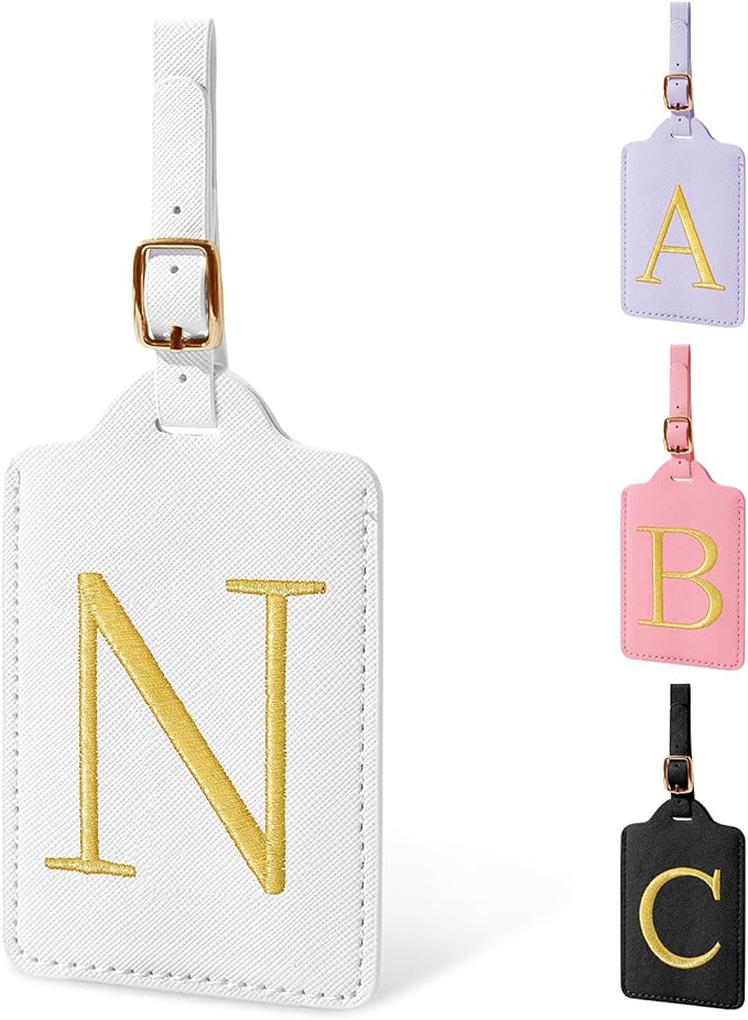 Personalized Initial Luggage Tags for Suitcase TSA Approved, White Leather Cute Luggage Tag with Privacy Cover Name Card, Embroidered Custom Luggage Tags Travel Baggage Tags Gifts for Women Kids(N)