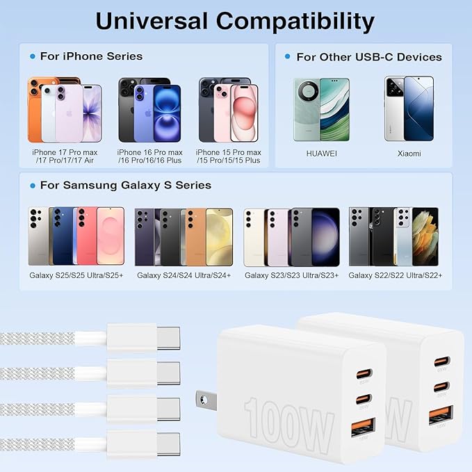 65W Super Fast Charging USB C for iPhone 17 16 Pro Max,3 Port 100W USB C Charger Block & 3/6/6/10FT Braided Type C Cord for iPhone 17 16 Pro,iPhone 15 Pro Max,for Samsung S26 Ultra/MacBook Air-Purple