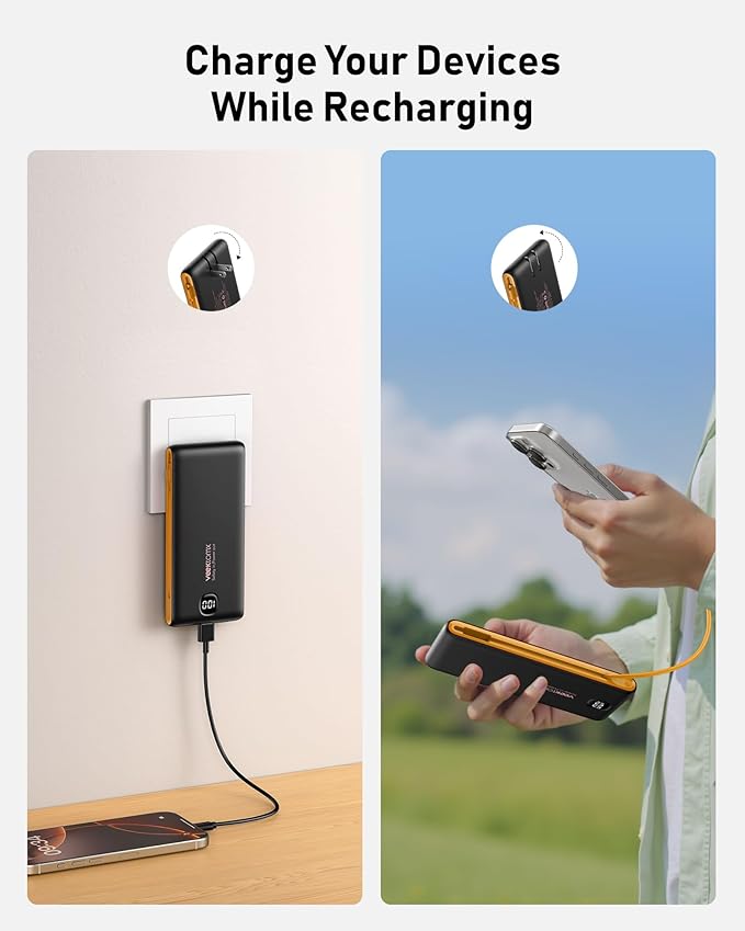 Portable Charger Power Bank Built in Cables and Wall Plug, 10000mAh Phone Battery Pack Fast Charging, USB C External Slim PowerBank, Travel Essentials Compatible with iPhone 17 16 15 14 Samsung iPad