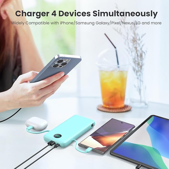 Portable Charger 13800mAh Slim USB C Power Bank with Built in Cables and Wall Plug,LCD Display Lightweight Travel Battery Pack,PD Fast Charging Compatible with iPhone 15,14,Samsung Android-Green