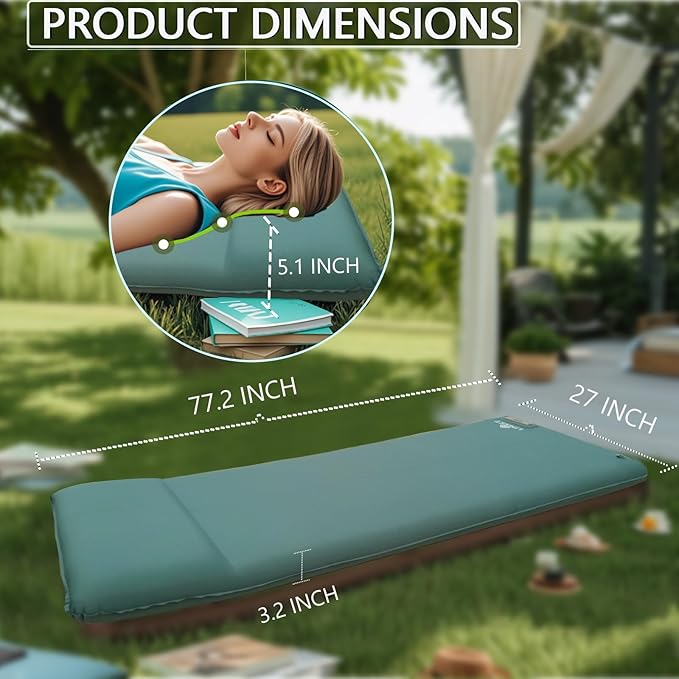 LINKET Self Inflating Sleeping Pad: Sleeping Pad with Electric Pump 3.2" Ultra-Thick Memory Foam & Built-in Pillow All Season Camping Mattress for Tent Travel Car - Self Inflating Air Mattress Green