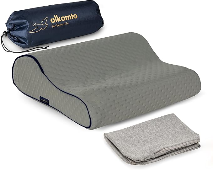 Travel & Camping Comfortable Memory Foam Pillow – Easy to Carry Portable Bag – Temperature Regulating Pillow Case (Grey Contour + Extra Cover)