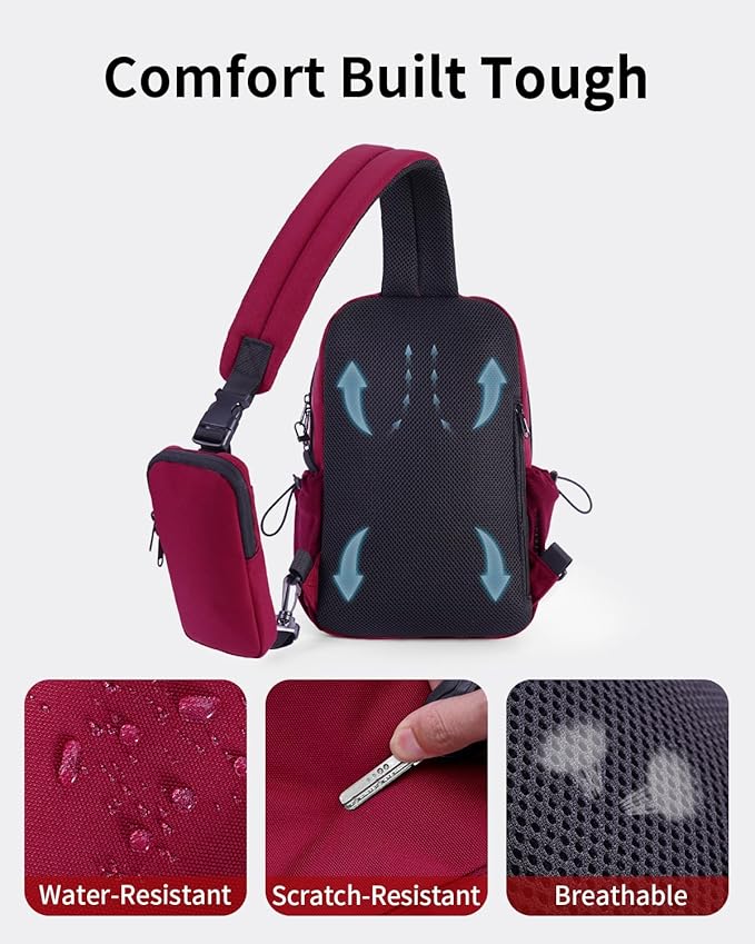 ECOHUB Crossbody Bags for Women Men, Anti-Theft RFID Blocking Roomy Sling Backpack with Sturdy SBS Zippers Water Resistant Chest Shoulder Bag Daypack with 9 Pockets Casual Outdoor Hiking, Red