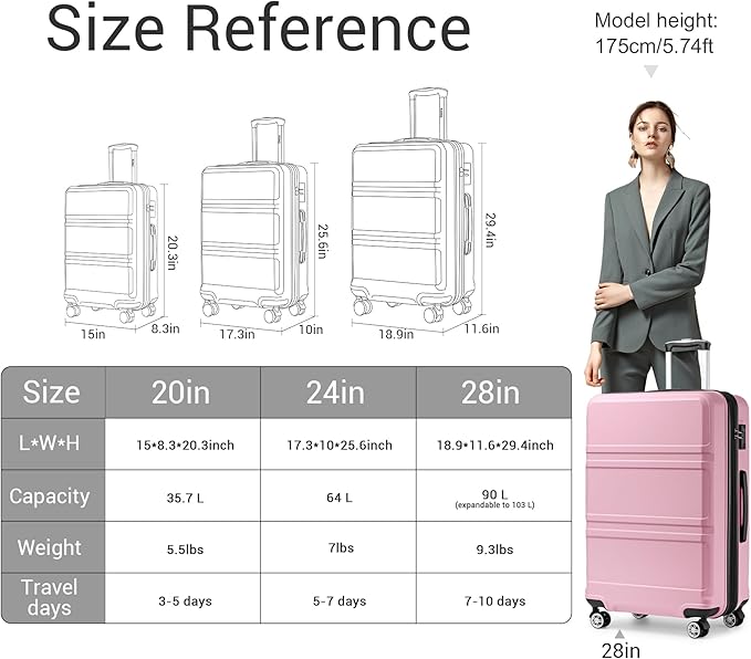 Kono 3 Piece Luggage Sets Expandable(only 28") Lightweight with Spinner Wheels TSA Lock Hardside Travel Rolling Suitcases 20in 24in 28in Carry on Pink